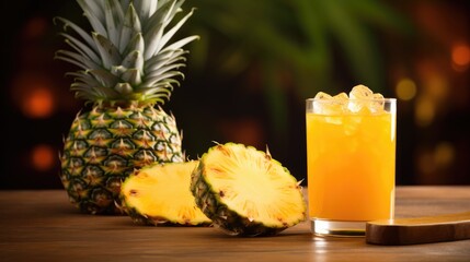 Pineapple juice in a glass and a decanter with fresh fruits on the table. A healthy sweet snack. A refreshing summer drink.
