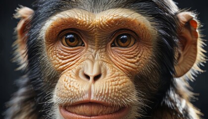  a close up of a monkey's face with a sad look on it's face and a black background.