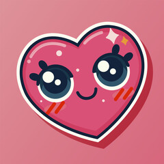 Cute cartoon designed sticker with pink smiling amazing heart. Lovely emoticon character. Cheerful emoji. Romantic expression. Isolated on pink background. Vector illustration