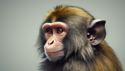  a close up of a monkey's face with a blurry look on it's face and a gray background. - obrazy, fototapety, plakaty