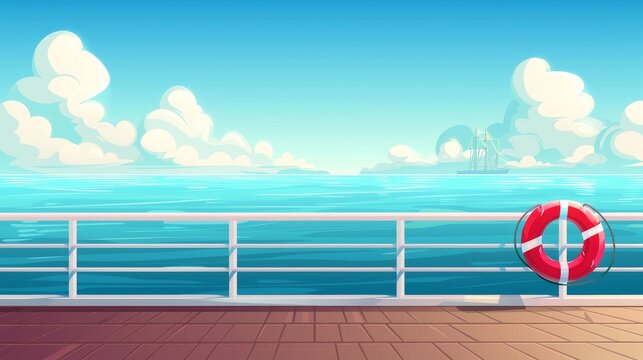 An image of a seascape view from a cruise ship. An ocean landscape with calm water surface and blue sky. A cartoon image of boat quays and docks with lifebuoys and railings.