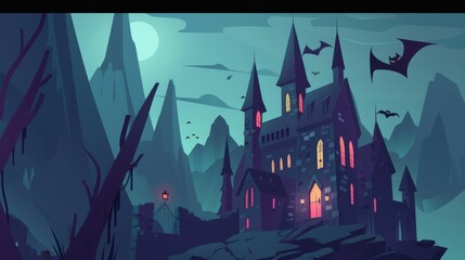 A creepy castle perched on a rock at night, a haunted gothic palace in the mountains, with pointed roofs, glowing windows and bats flying in the dark sky. Fantasy Dracula home, Cartoon modern