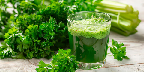 A glass of freshly squeezed celery juice. Healthy eating - obrazy, fototapety, plakaty