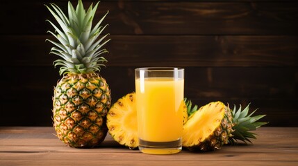 Pineapple juice in a glass and a decanter with fresh fruits on the table. A healthy sweet snack. A refreshing summer drink.