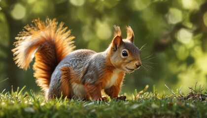 Obraz premium a close up of a squirrel on a field of grass with a blurry background of trees and grass in the foreground.