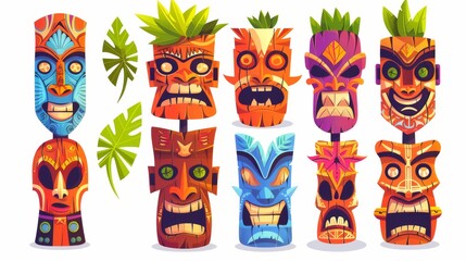 Isolated on white background. Cartoon modern illustration of tiki masks, with tribal wooden totems and Hawaiian style attributes. Cartoon modern illustration of scary faces with toothy mouths and