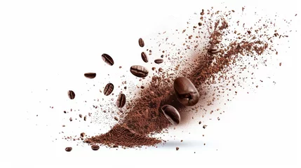 Fotobehang A burst of arabica grain with splashes of brown dust and shredded roasted ground coffee is shown isolated on a white background. Modern realistic illustration of espresso beans bursting on a white © Mark