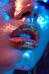 Fashion model woman face in bright sparkles, colorful neon lights, beautiful girl lips. Trendy glowing gold skin make-up. Glitter metallic shine makeup