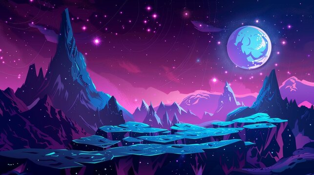 Space planet surface, futuristic landscape background with glowing moon or satellite above cliff in dark starry sky. Fantasy mountains, book or computer game scene, cartoon modern illustration.