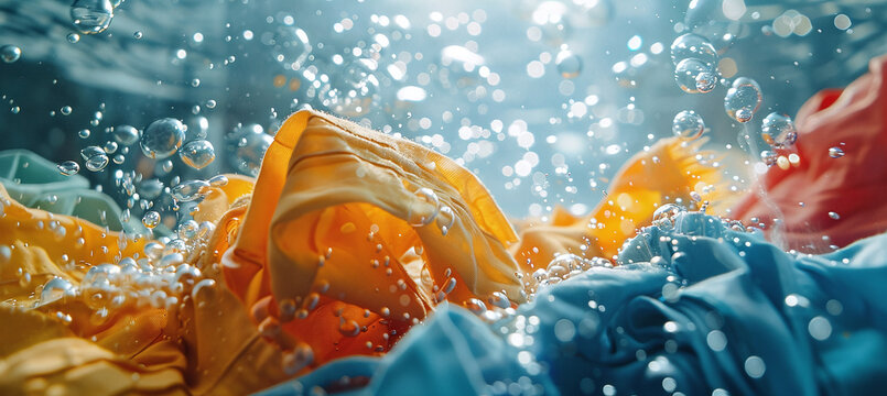 Washing machine or detergent with floating clothes under water with bubbles and wet splashes