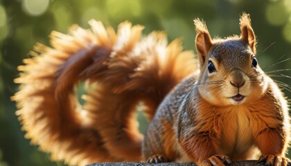 Obraz premium a close up of a squirrel on top of a rock with a blurry background of trees in the background.
