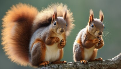 Naklejka na ściany i meble a couple of squirrels standing on top of a tree branch with their hands in their pockets and looking at each other.