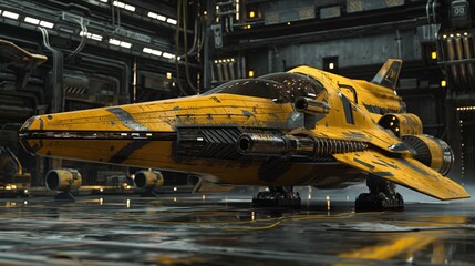 A yellow fighter jet sits on damp ground, showcasing its vibrant color against the wet surface. - Powered by Adobe