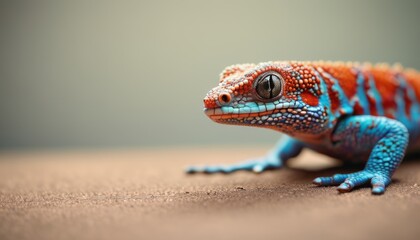  a close up of a blue and orange gecko on a table with a blurry wall in the background.