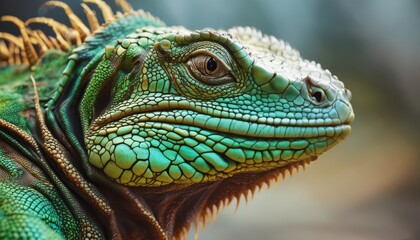  a close up of an iguana's head and neck, with a blurry background in the background.