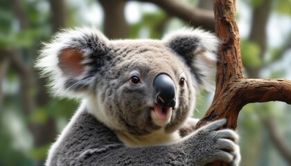 a close up of a koala on a tree with its mouth open and it's tongue hanging out.