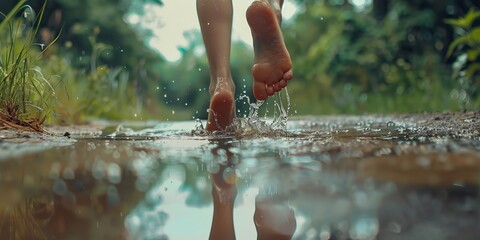 Barefoot female feet jump in a puddle, after rain , concept of Spontaneous motion - obrazy, fototapety, plakaty