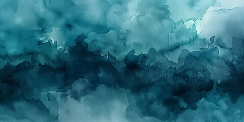 Abstract teal watercolor background with a dark blue stormy sky texture. Abstract banner for design, cover or poster. Watercolour background with copy space.