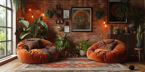 Obraz premium Boho Scandinavian style in farmhouse interior. Bedroom with natural wooden furniture.