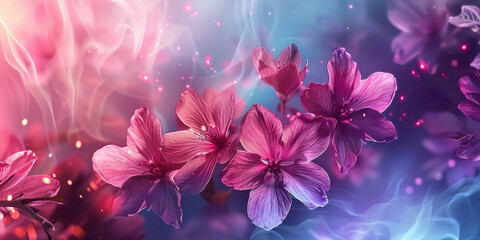 Beautiful Purple Flower Blossoms with Pink and Purple Swirls on Blue Background for a Vibrant Floral Design Concept