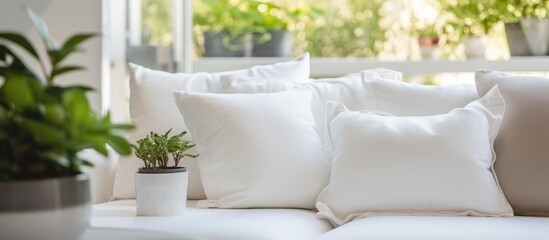 A white couch adorned with white pillows sits in a room, accompanied by a potted plant. The pillows add decoration to the couch, giving it a cozy and inviting appearance.