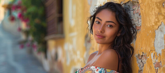beautiful young mexican woman leaning against a wall