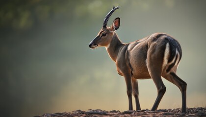  a small antelope standing on top of a dirt hill with trees in the background on a foggy day. - obrazy, fototapety, plakaty
