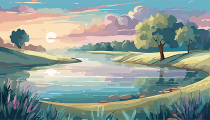 Landscape with lake or river on the sunset