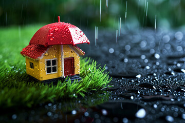 The image of an umbrella and a toy house symbolizes property insurance, Yellow Umbrella Shielding Miniature House: Concept of Home Insurance Protection - obrazy, fototapety, plakaty