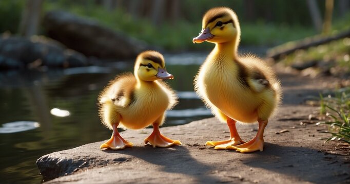 Compose an image of a cute little duckling waddling alongside its family. Pay attention to the ultra-realistic details of the duckling's movements, the familial interactions-AI Generative