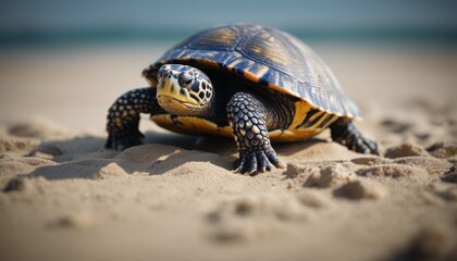  a close up of a turtle on a beach with sand in the foreground and a body of water in the background.