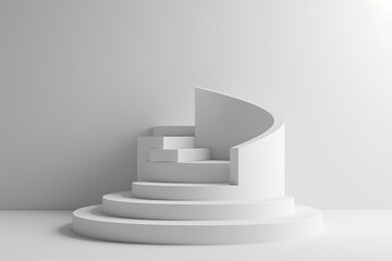 Minimalist white steps on a white background. Minimal stair scene for product placement. Room with stairs, grey wall background. Perspective view layout with platform, light from window.