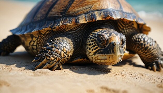  a close up of a tortoise on a beach with a body of water and sand in the background.