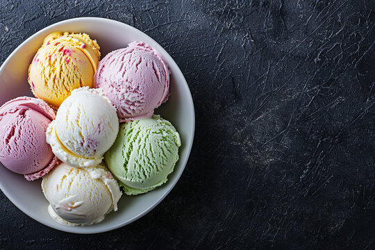 Bowl with scoops of ice cream of different colors and flavors on black stone concrete table background. Fruit ice cream and ingredients on black background