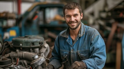 A man in a blue shirt is focused on repairing a car engine, with tools and parts scattered around. - obrazy, fototapety, plakaty