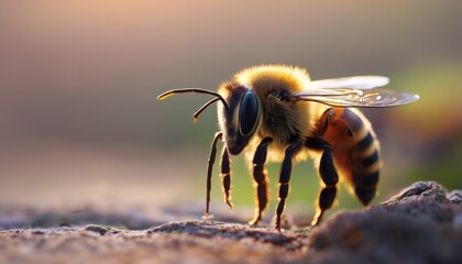  a close up of a bee on the ground with it's head turned towards the camera, with a blurry background. - obrazy, fototapety, plakaty