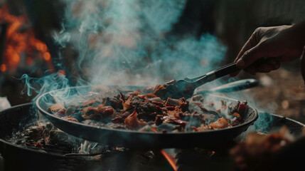 a wok full of food being cooked on a grill with a person holding a spatula over the wok.