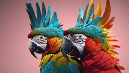  two multicolored parrots standing next to each other on a pink background with a pink sky in the background.