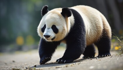 Fototapeta premium a close up of a panda bear walking on a dirt ground with trees in the back ground and yellow flowers in the foreground.