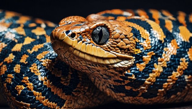  a close up of a snake's head with a black and yellow stripe pattern on it's body.