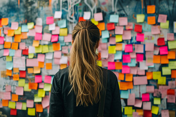 Back view of a thoughtful woman looking at sticky notes on wall in the office, a woman on the background of a wall of stickers - Powered by Adobe