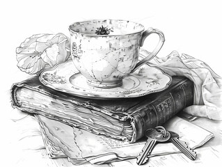 Dessin à la main d'une tasse de thé sur une livre