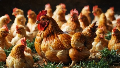  a group of chickens standing next to each other on top of a field of green grass and grass covered ground.