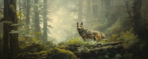 Wolf in a tranquil forest scene - obrazy, fototapety, plakaty