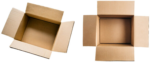 Two empty open cardboard boxes viewed from above, isolated on white transparent background PNG. top view.
