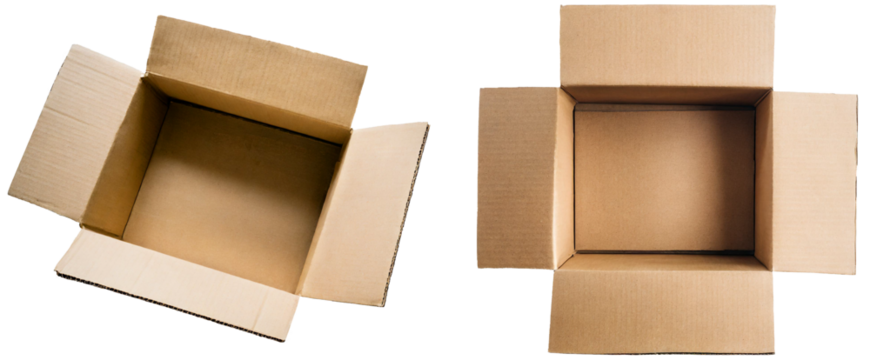 Two empty open cardboard boxes viewed from above, isolated on white transparent background PNG. top view.