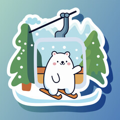 Cute cartoon designed sticker with ski lift and animal inside. Mountain elevator with polar bear with ski in forest. Ropeway with funicular cabin. Isolated on blue background. Vector illustration