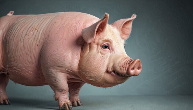  a small pig standing on top of a gray floor next to a gray wall and a gray wall behind it.