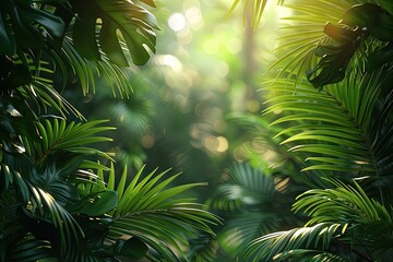 Lush Green Jungle Foliage Creating a Serene and Tranquil Background in Sunlit Atmosphere
