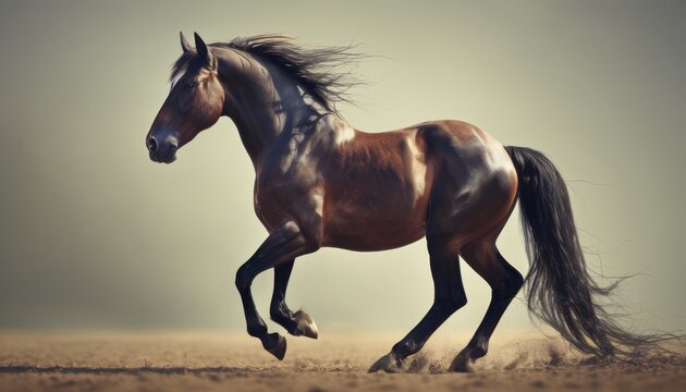  a brown and black horse running across a dirt field with a gray sky in the background of the picture.